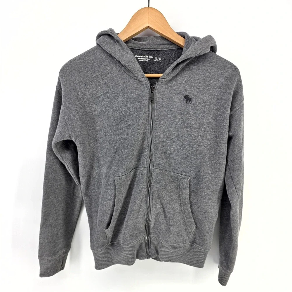 Abercrombie Kids Hoodie Boys 11/12 Grey Full Zip A&F Essentials Relaxed Fit Logo